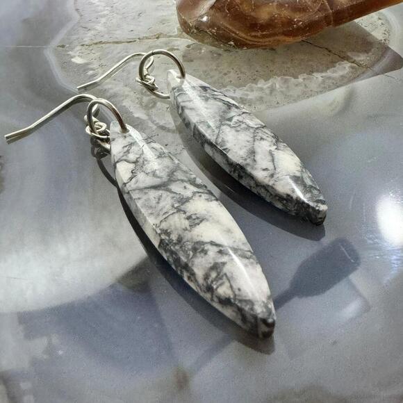Sterling Silver Elongated Marquise Net Jasper Slab Dangle Earrings For Women 231 - Picture 3 of 10
